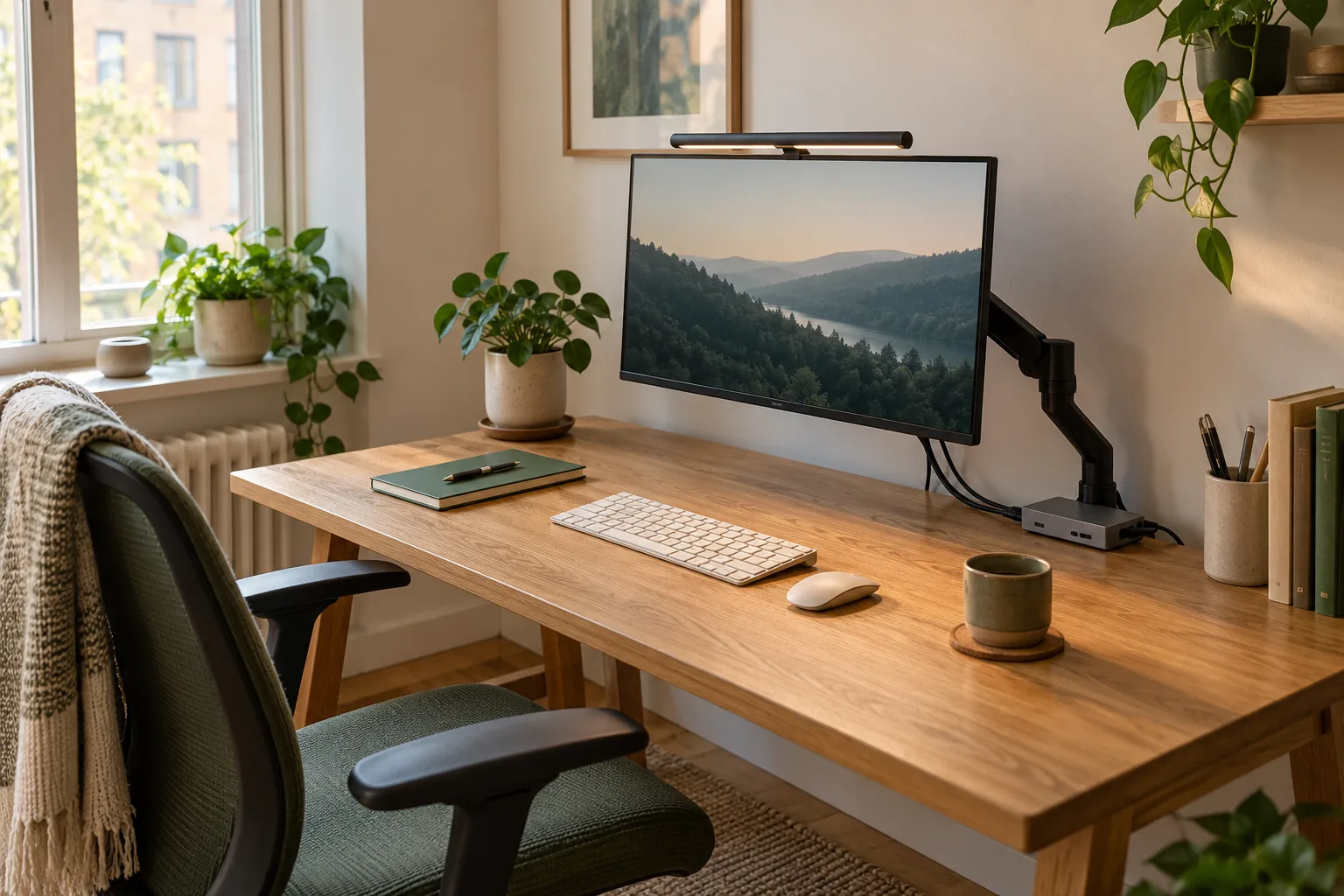 Illustrative compact workspace with a monitor arm, keyboard, and task lighting